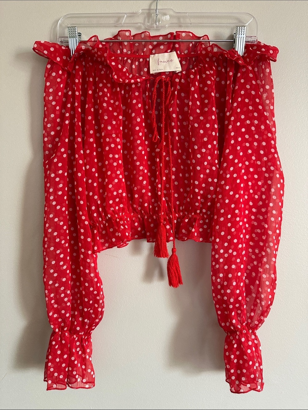 Long sleeve Sami-sheer off-the-shoulder supper crop polka dot top NWT - Picture 8 of 9